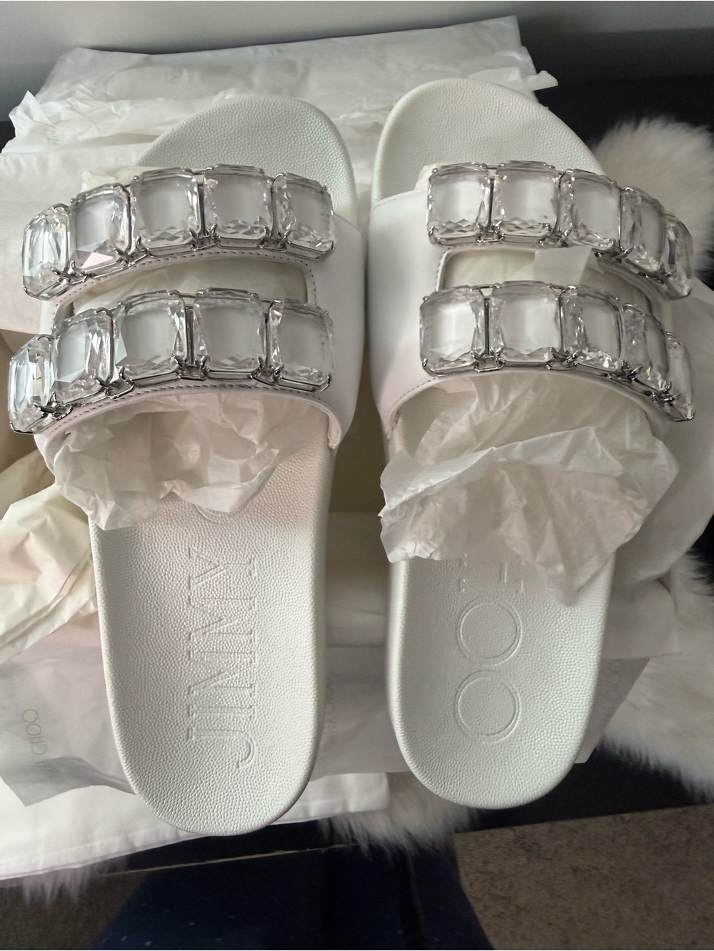 Jimmy Choo White Crystal-Embellished Slide Sandals